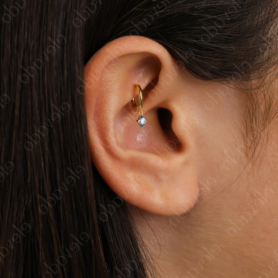 Tiny Blue Zircon Dangle Rook Hoop Earring • Gemstone Helix Hoop • Rook ...