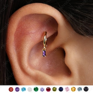 Tiny Amethyst Baguette Rook Hoop Earring • helix hoop • emerald • diamond • baguette • cartilage hoops • elevado jewelry