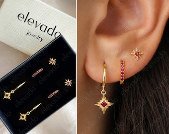 Ruby Starburst Hoop Earrings Gift Set • Ruby Huggie Hoop Earrings • Ruby earring set • gift for her • gift for mom • gift set