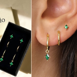 Emerald Charm Hoop Earring Set • dangle emerald hoop earrings • huggie hoops • gift for her • gift set • elevado jewelry