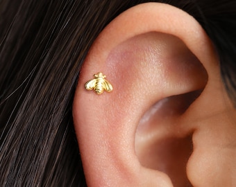 20G Tiny 3D Bee Cartilage Gold Stud Earrings • bee tragus earrings • bee conch earrings • cartilage stud • tiny bee studs