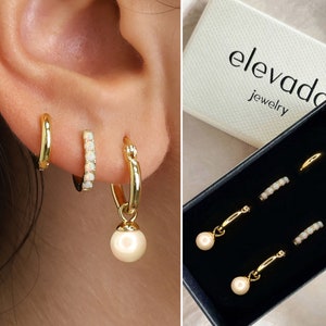 Dangle Freshwater Pearl Hoop Earring Stack Set • gift for her • bridesmaid gift • christmas gift • gold hoop earrings • minimalist earrings