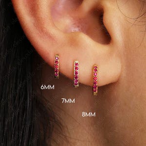Ruby Huggie Hoop Earrings • gold conch hoop • cartilage hoop • hoop earrings • silver pave ring hoop • tragus hoop • small helix hoop