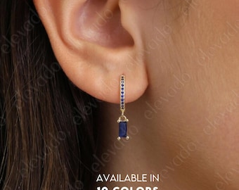 Birthstone Baguette Dangle Hoop Earrings: 18K Gold Plated Sterling Silver