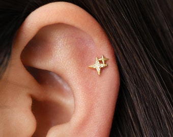 20G/18G/16G Star Tragus Flat Back Labret Stud • 925 Sterling Silver • Star Tragus • Flat Back Earring • Helix • Conch Earring • Cartilage