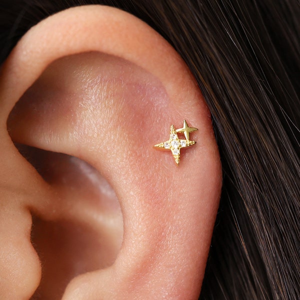 18G/16G Star Tragus Flat Back Labret Stud • 925 Sterling Silver • Star Tragus • Flat Back Earring • Helix • Conch Earring • Cartilage