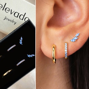 Aquamarine Huggie Hoop Earring Stack Set • gift for her • bridesmaid gift • christmas gift • gold hoop earrings • minimalist earring
