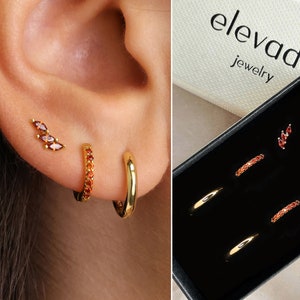 Garnet Everyday Hoop Earring Stack Set • gift for her • bridesmaid gift • christmas gift • gold hoop earrings • minimalist earring • elevado