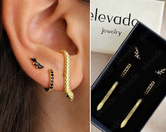 Serpent Suspender Black Onyx Huggie Hoop Earring Stack Set • gift for her • gold earrings • minimalist earring • chic earrings