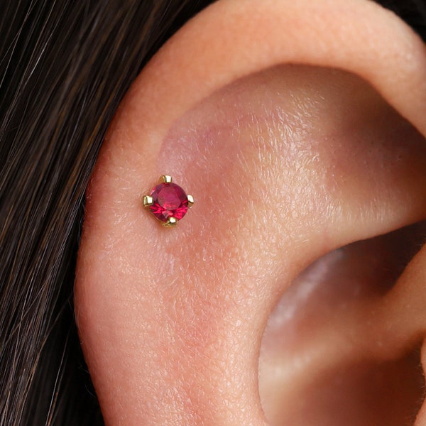20G Ruby Threadless Gold Push Pin Labret Stud • Solid 925 Sterling Silver • Tragus Stud • Flat Back Earring • Helix • Conch