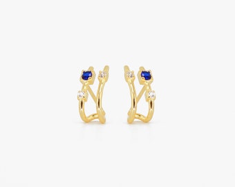 Elegante Saphir Doppel Creolen Ohrstecker • CZ zierliche Ohrringe • Gold Ohrstecker • kleine Ohrstecker • Minimalist Ohrringe • Silber Ohrstecker
