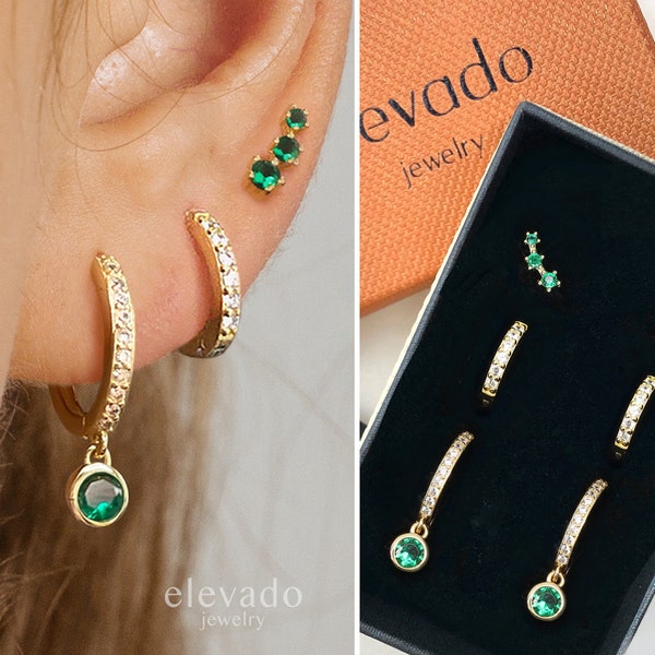Emerald Dangle Gemstone Everyday Ear Stack Set • gift for her • bridesmaid gift • mothers day gift • gold hoop earrings • elevado