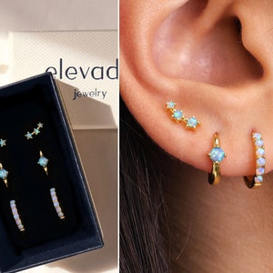 Blue Fire Opal Everyday Ear Stack Set • gift for her • gold opal hoop earrings • minimalist earrings • elevado jewelry