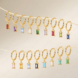 Baguette Birthstone Hoop Earrings: 18K Gold Plated Sterling Silver