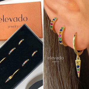 Rainbow Dangle Spike Charm Hoop Earrings Gift Set • Huggie Hoop Earrings • earring set • gift ready • gift for her • gift for mom