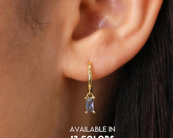 Blue Zircon Charm Hoop Dangle Earrings • charm hoops • gold hoop earrings • delicate birthstone earrings • minimalist hoops • tiny charm