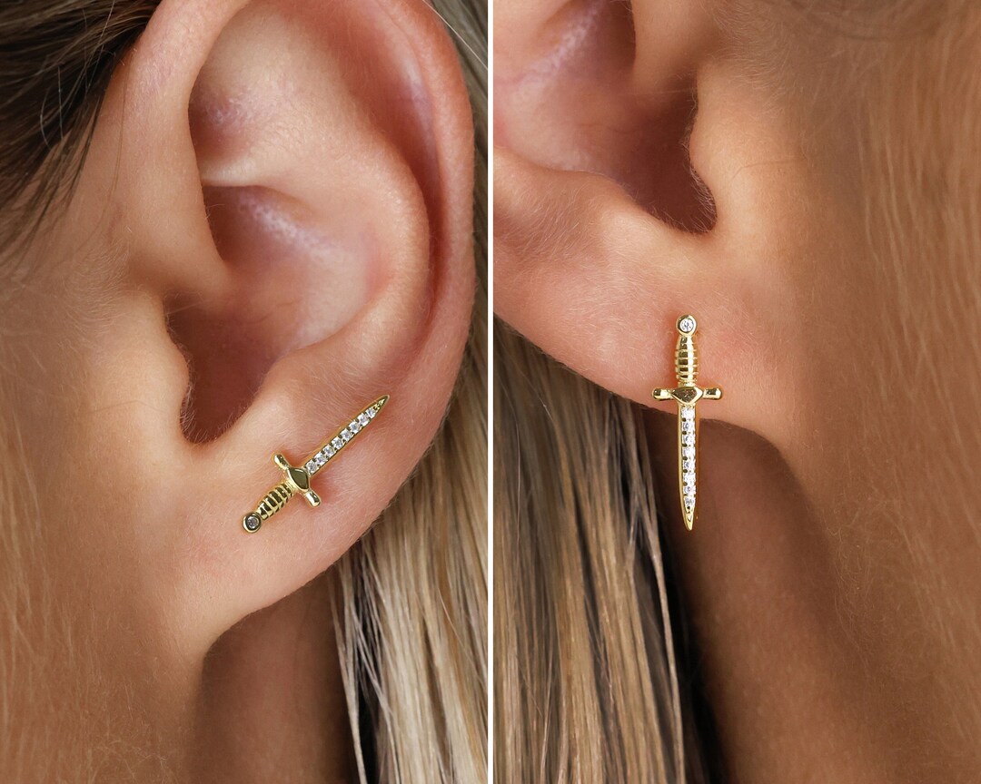 Paved Dagger Climber Earrings Sword Threader Earrings dagger Earrings Edgy Earrings Minimalist
