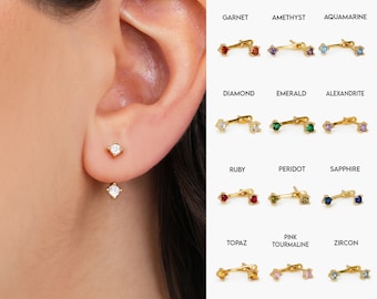 NOUVEAU ‣ Boucles d'oreilles avant arrière avec pierre de naissance • veste d'oreille délicate • boucles d'oreilles en or avec pierre de naissance • boucles d'oreilles veste d'oreille - boucle d'oreille minimale • boucles d'oreilles cz