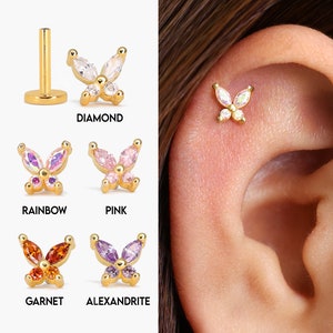 18G/16G Butterfly Cartilage Gold Stud Earrings • tragus stud  • butterfly conch earrings • cartilage helix stud • flat back labret stud