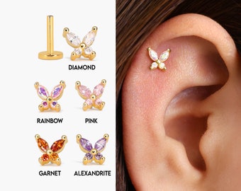 Clous d'oreilles cartilage papillon en or 18G/16G • clou tragus • boucles d'oreilles conque papillon • clou cartilage hélice • clou labret à dos plat