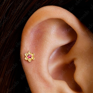 18G/16G Ruby Daisy Flat Back Labret Stud •Cartilage Earring • Tragus • Conch Stud • Cartilage Stud • Internally Threaded