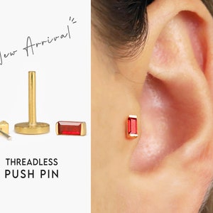 20G/18G Ruby Baguette Cartilage Threadless Push Pin Earrings • gold conch earring • tiny stud • helix• tragus studs • flat back