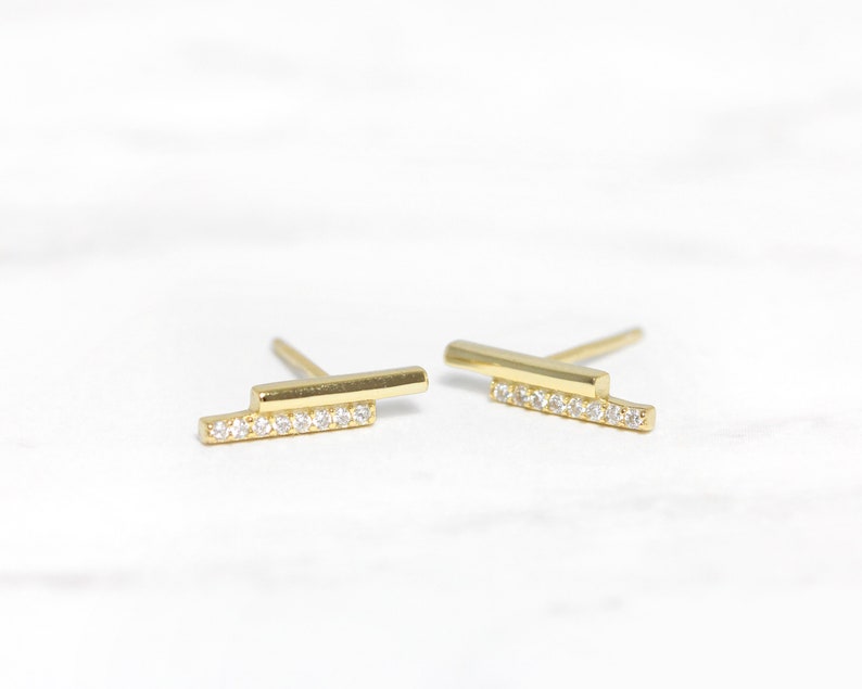 Twin Bar Stud Earrings CZ Dainty Earrings Gold Bar Studs Etsy