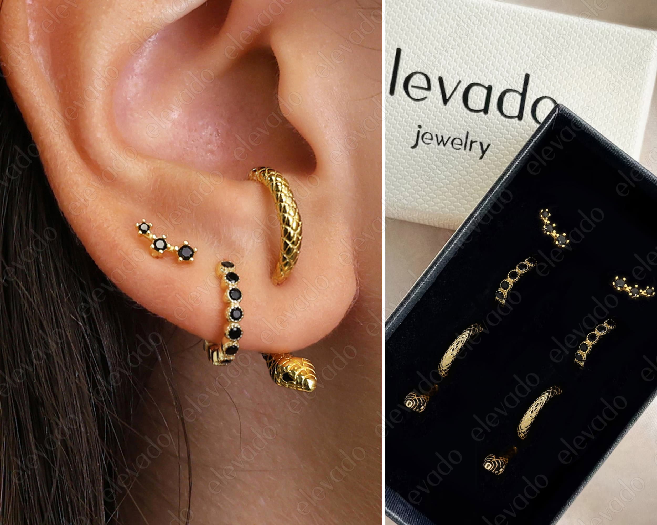Black Onyx Serpent Front Back Earring Set • huggie hoop • minimalist earrings • snake earrings • serpent earrings • elevado jewelry