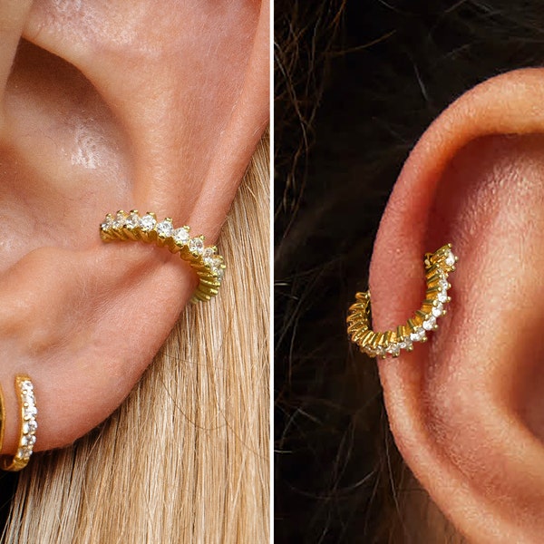 16G/18G/20G Everyday Gold Conch Paved Hoop • Straight Barbell Paved Cartilage Gold Hoop Earrings • tragus earrings • gold cartilage hoop