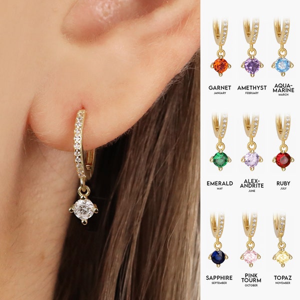 Dainty Birthstone Dangle Hoop Earrings • gold hoop earrings • delicate birthstone earrings • minimalist hoops • birthstone charm hoops