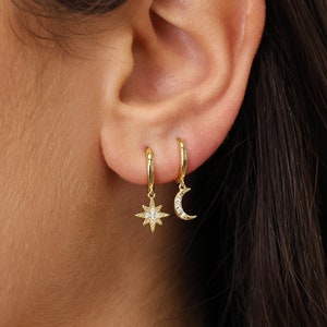 Mismatched Moon & Star Hoops • gold star hoop earrings • gold moon hoop earrings • moon and star earrings • celestial earrings • minimalist