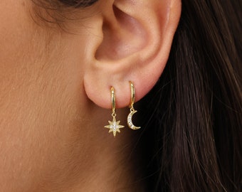 Mismatched Moon & Star Hoops • gold star hoop earrings • gold moon hoop earrings • moon and star earrings • celestial earrings • minimalist