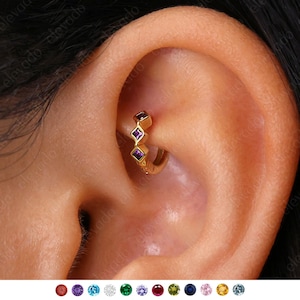 Amethyst Birthstone Bezel Rook Hoop Earring • bezel stone helix hoop • rook earring • helix diamond hoop • cartilage earring hoop