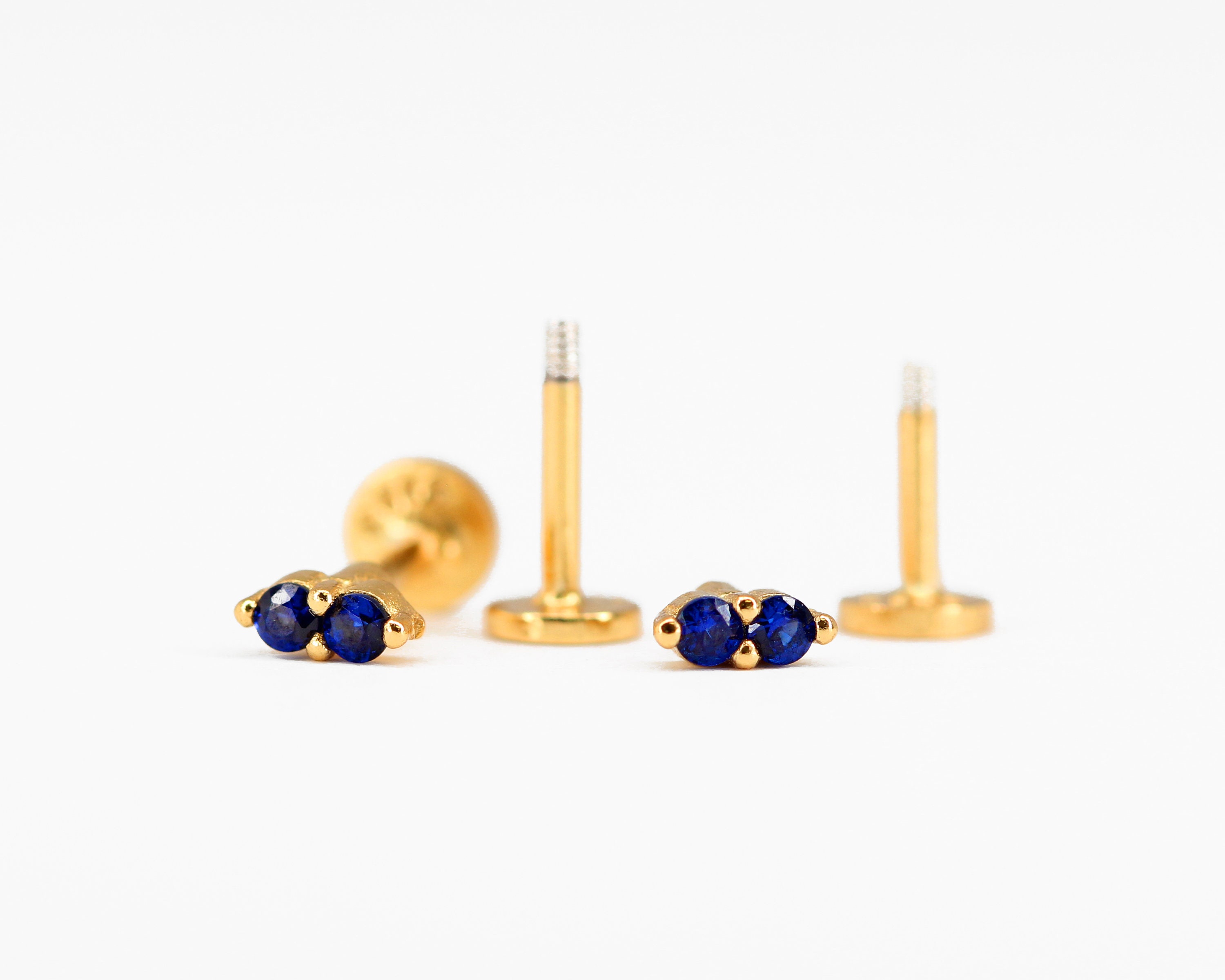 18G/16G Twin Sapphire Cartilage Flat Back Labret • conch earrings • tiny studs • cartilage stud • helix stud • tragus studs • labret stud