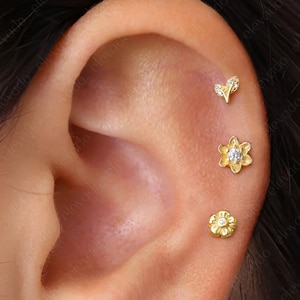 Set of 3 • 16G/18G Nature Flat Back Earring Set • Nature Cartilage Earrings • Nature Helix Earrings • Tragus Earrings • Conch Stud