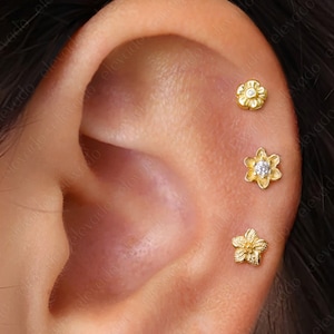 Set of 3 • 16G/18G Tiny Flower Flat Back Earring Set • 925 Sterling Silver • Flower Cartilage Earrings • Helix Earrings • Tragus • Conch