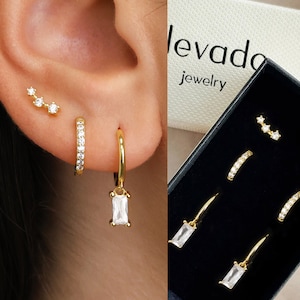 Baguette Cut Dangle Earring Gift Set • Hoop Earrings • Huggie Hoop Earrings • earring set • gift for her • gift for mom • gift set