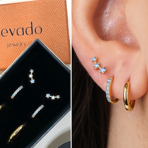 Aquamarine Huggie Hoop Earring Stack • gift for her • bridesmaid gift • mothers day gift • gold earring • gemstone earrings • ear stack