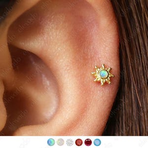 18G/16G Tiny Blue Opal Sun Internally Threaded Labret Stud • Cartilage Earring • Tragus • Conch Stud • Sun Cartilage Stud • Flat back Labret
