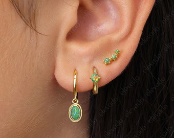 Gold Opal Hoop Earring Stack Set: Sterling Silver Minimalist Jewelry