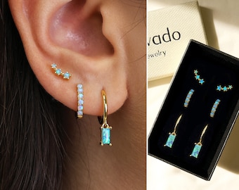 Blue Fire Opal Bagutte Huggie Hoop Gift Set • Dainty Hoop Earrings • earring set • gift ready • gift for her • gift for mom • gift set