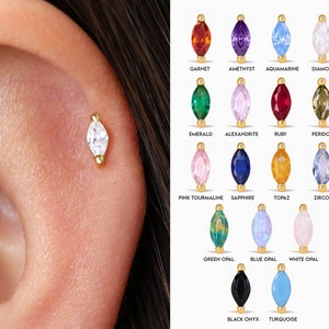 18G/16G Marquise Cartilage Gold Stud Earrings • tragus stud  • marquise conch earrings • cartilage helix stud • flat back labret stud