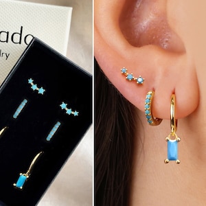 Turquoise Baguette Cut Dangle Earring Gift Set • Hoop Earrings • Huggie Hoop Earrings • earring set • gift for her • gift for mom • gift set