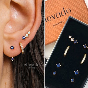 Sapphire x CZ Earring Gift Set • Front Back Earring • Huggie Hoop Earrings • earring set • gift ready • gift for her • gift for mom