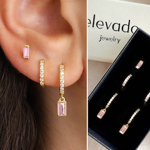 Pink Tourmaline Paved Baguette Dangle Earring Gift Set • Dainty Earrings • Everyday Earrings • Birthstone Earrings • Gold earrings