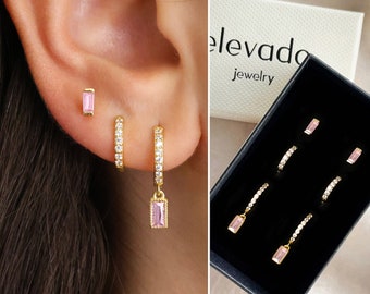 Pink Tourmaline Paved Baguette Dangle Earring Gift Set • Dainty Earrings • Everyday Earrings • Birthstone Earrings • Gold earrings