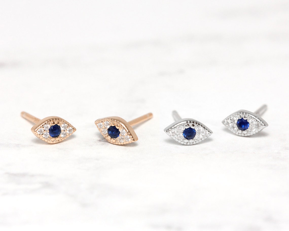 Tiny Evil Eye Stud Earrings CZ Dainty Earrings Eye Silver Etsy