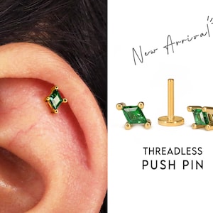 20G/18G Emerald Diamond Cartilage Threadless Push Pin Earrings • gold conch earring • tiny cartilage stud • helix• tragus studs • flat back