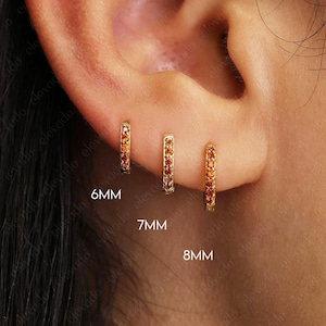 Garnet Huggie Hoop Earrings • gold helix hoop • cartilage hoop • ear stack • paved ring hoop • tragus hoop • small helix hoop