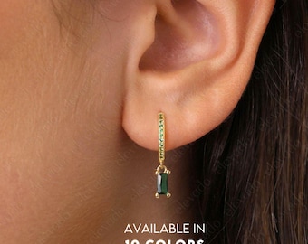 Birthstone Baguette Dangle Hoop Earrings: 18K Gold Plated Sterling Silver